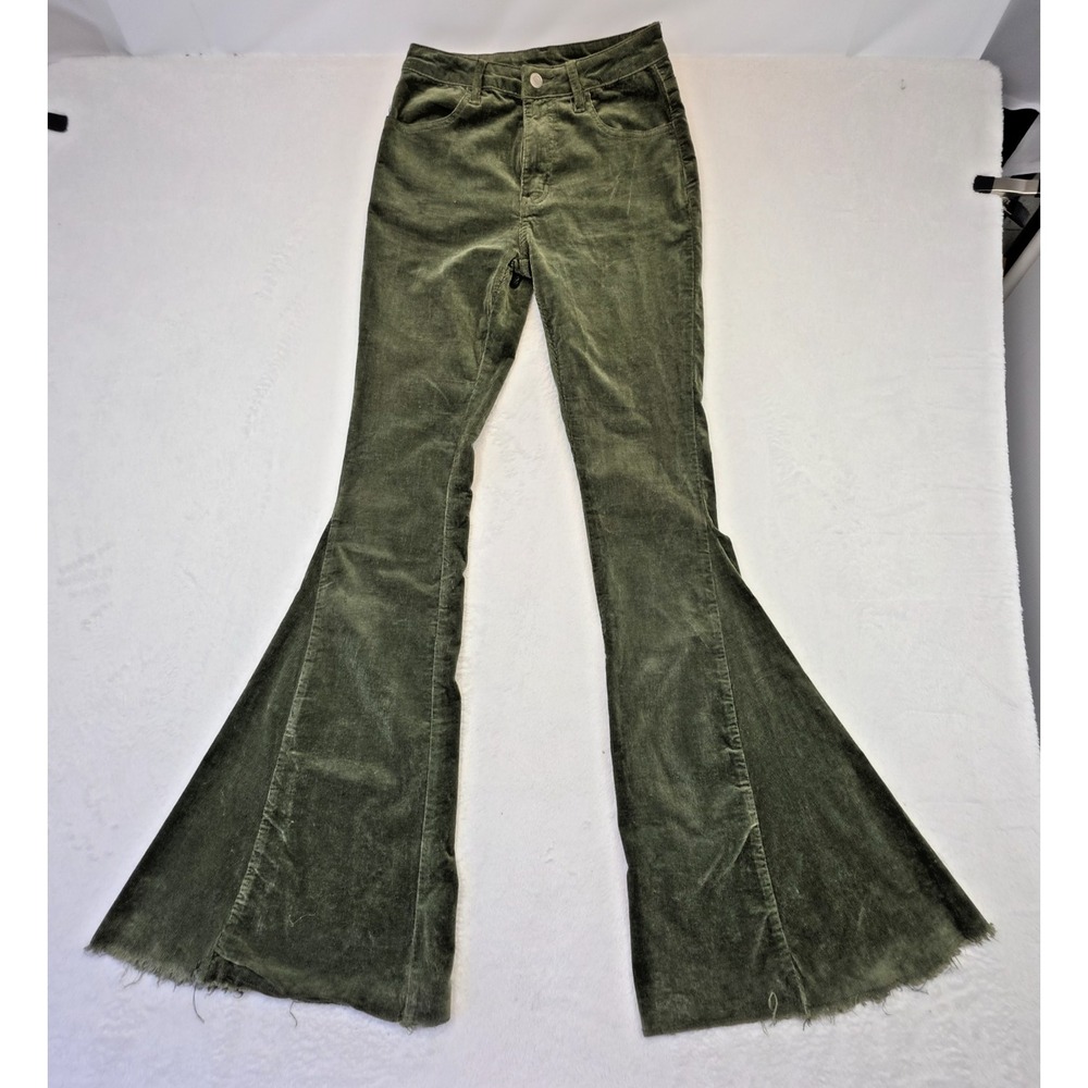 Saints & Hearts Olive Green Corduroy Bell Bottom Pants Flare Raw Hem Size Small